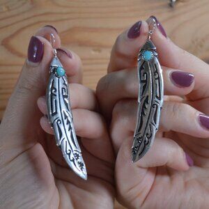 Navajo / Hopi Sterling Silver and Turquoise feather earrings, by T&R Singer